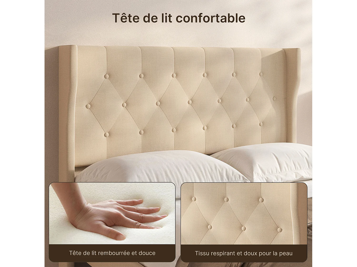 Bealife Lit 140 x 200 cm Lit Simple Structure de Lit Lit Rembourré Lattes en Bois de Spin 20 cm de Rangement Beige