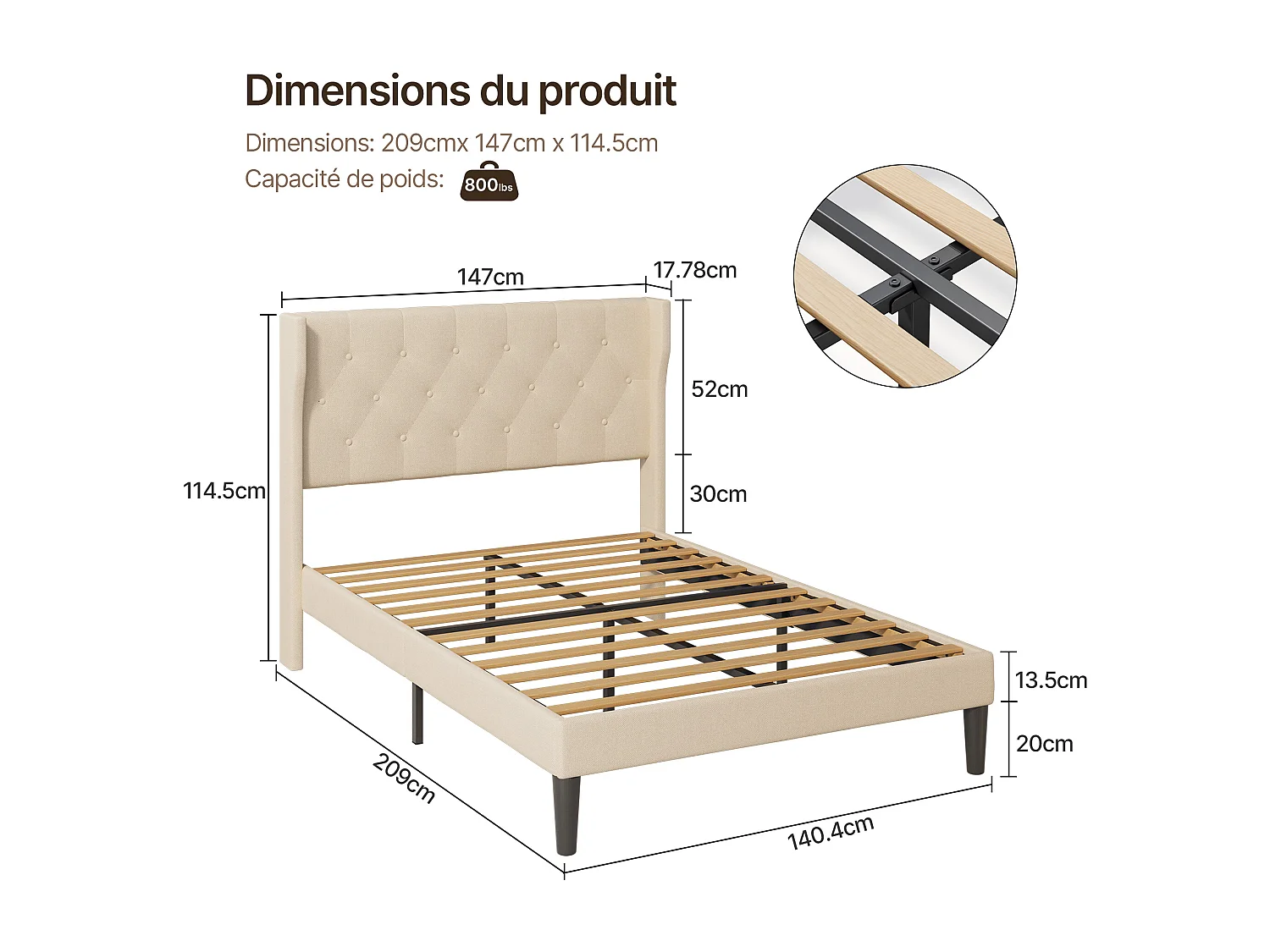 Bealife Lit 140 x 200 cm Lit Simple Structure de Lit Lit Rembourré Lattes en Bois de Spin 20 cm de Rangement Beige