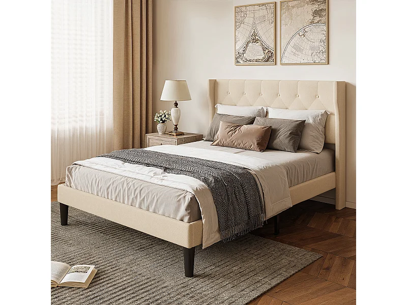 Bealife Lit 140 x 200 cm Lit Simple Structure de Lit Lit Rembourré Lattes en Bois de Spin 20 cm de Rangement Beige