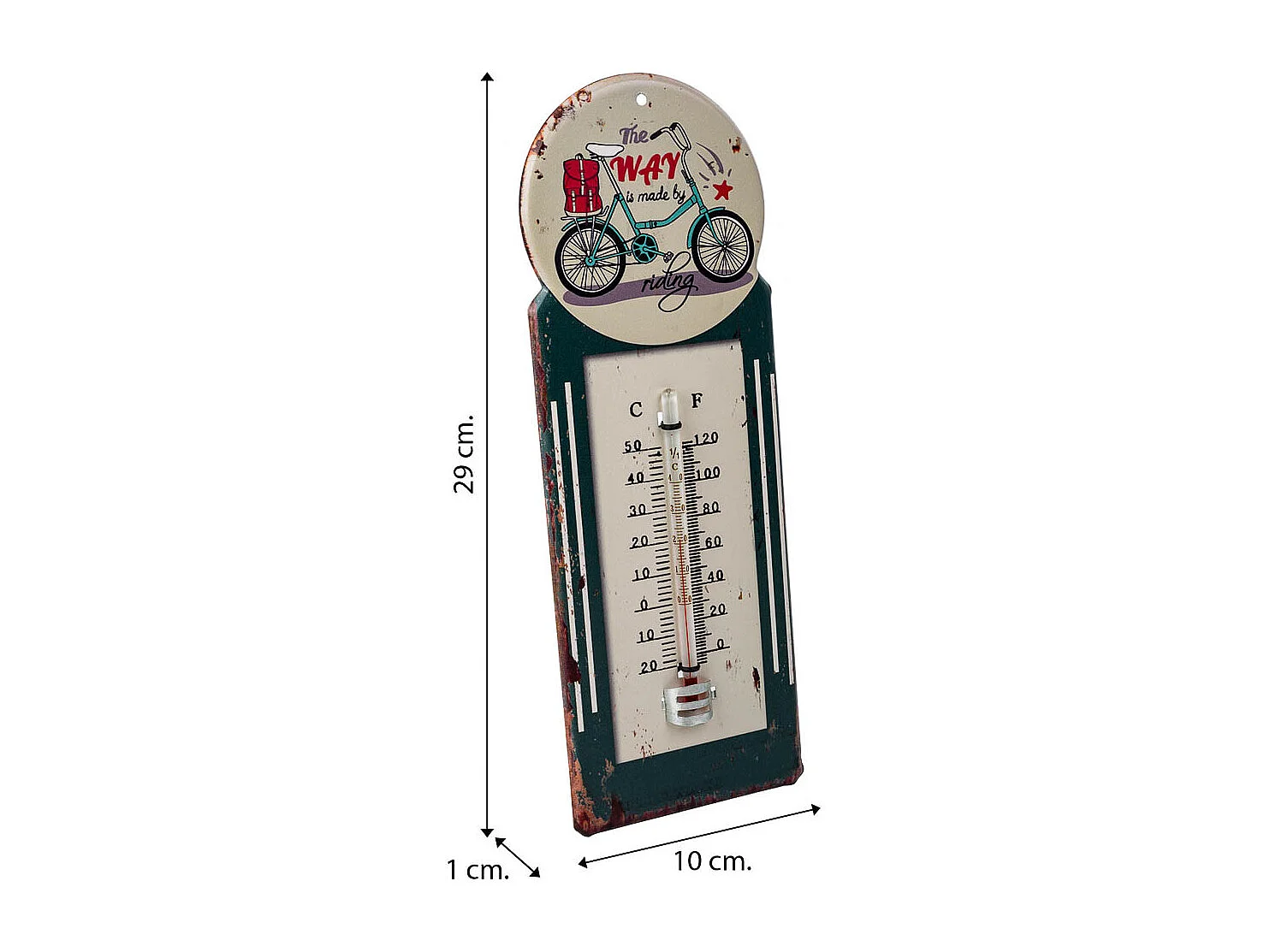 Grünes Metallwandthermometer 29x10x1h cm
