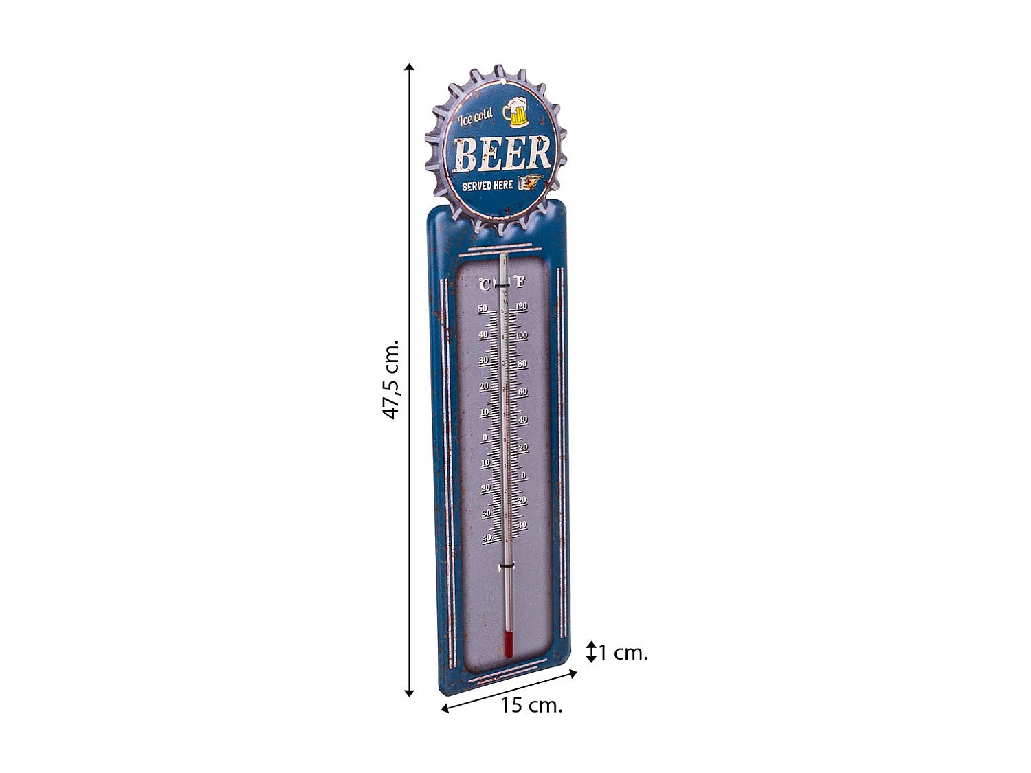 Blaues Metallwandthermometer 47,5x15x1h cm