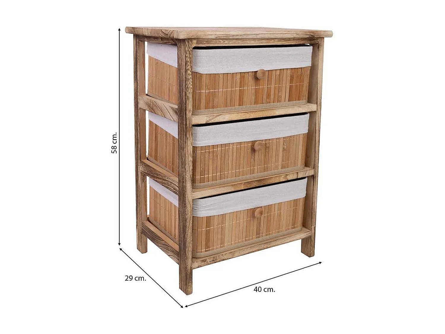 Cómoda de madeira com 3 gavetas forradas a bambu 40x29x58