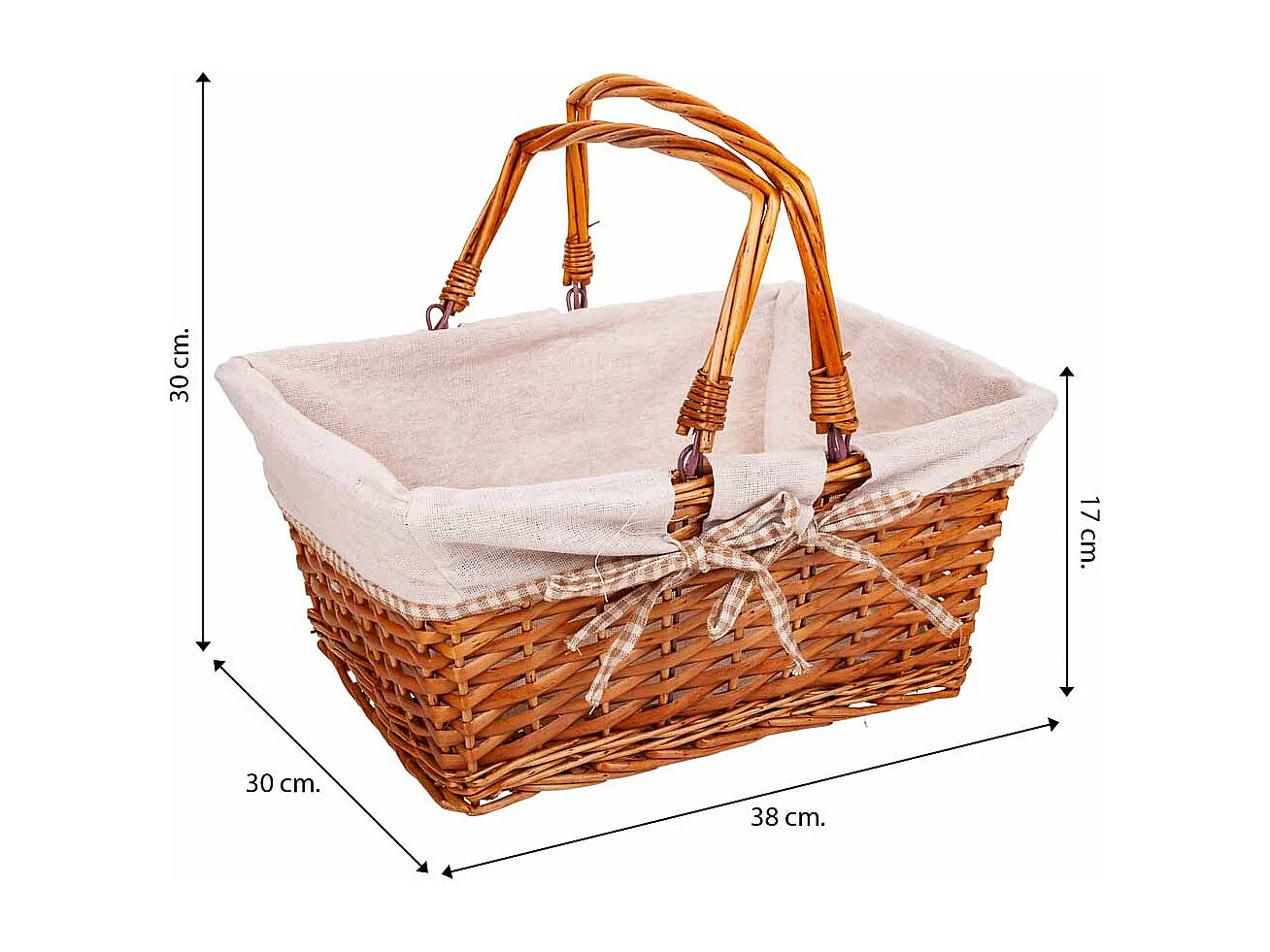 Gefütterter Weidenkorb mit braunem Klappgriff 38x30x17/30h cm