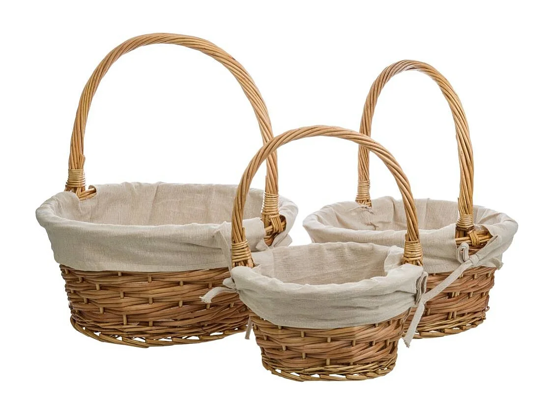 Conjunto de 3 cestos de vime castanhos forrados
