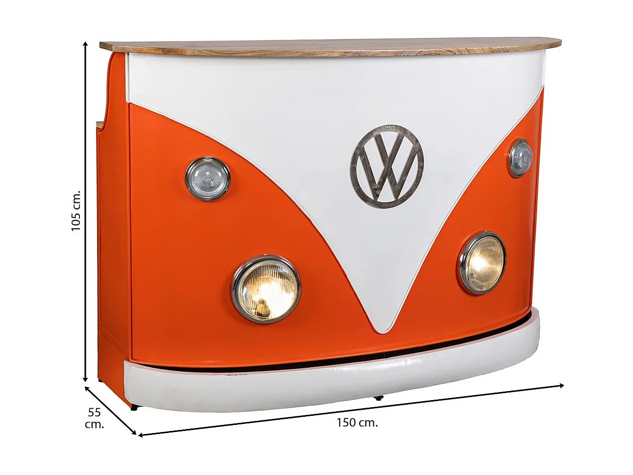 Bar porte-bouteilles fourgon en bois et métal orange 150x55x105h