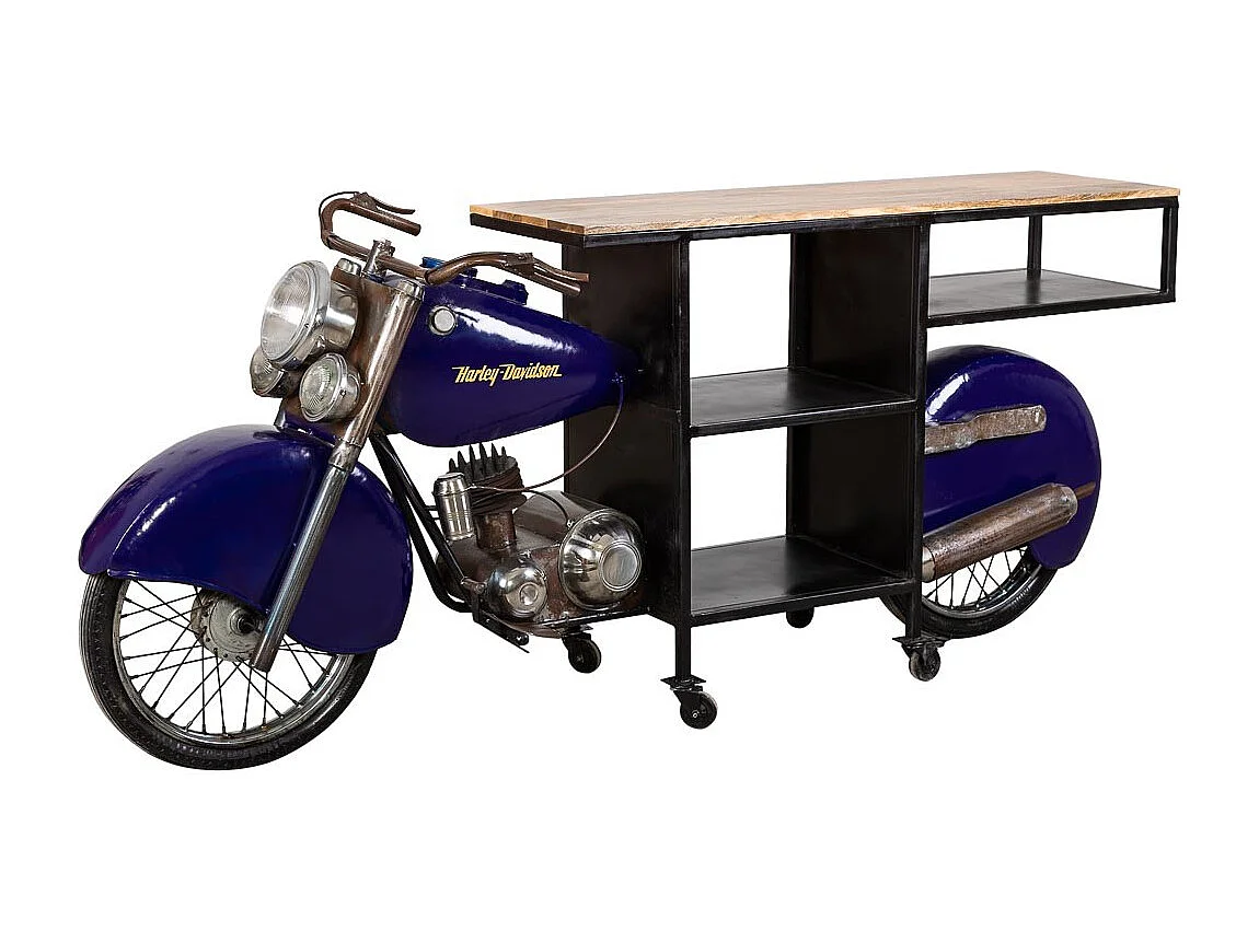 Porta-garrafas para motocicleta em madeira e metal azul 235x45x98