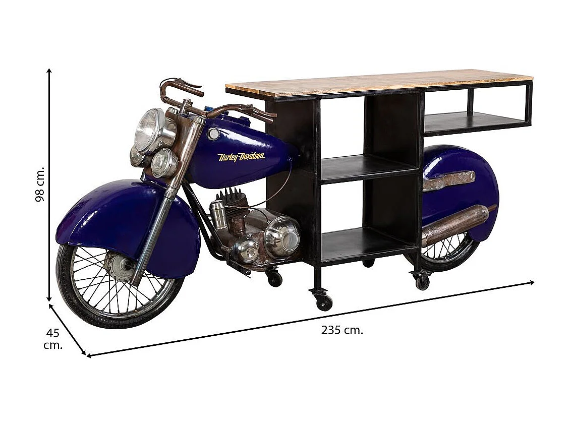 Porta-garrafas para motocicleta em madeira e metal azul 235x45x98