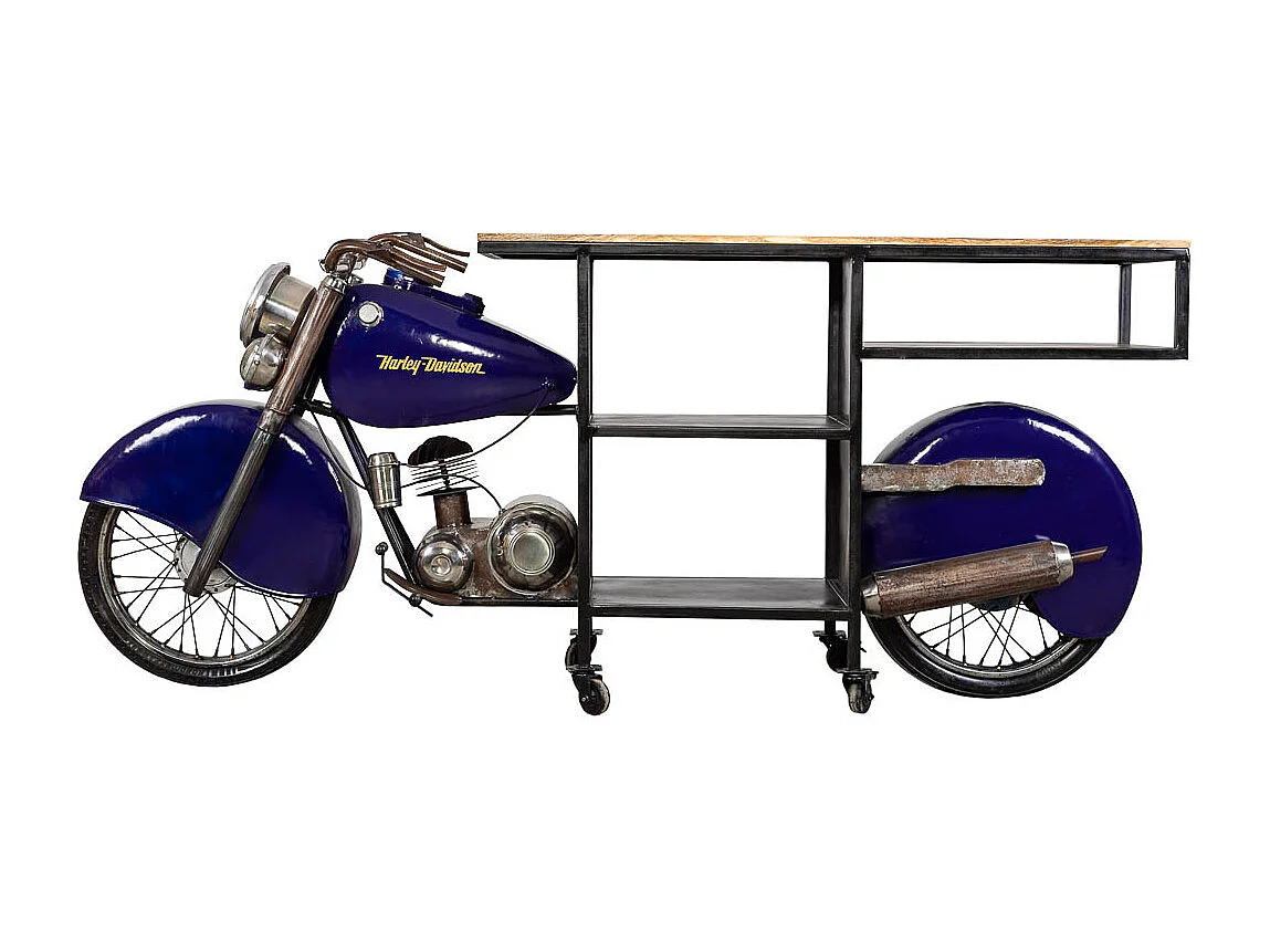 Porta-garrafas para motocicleta em madeira e metal azul 235x45x98