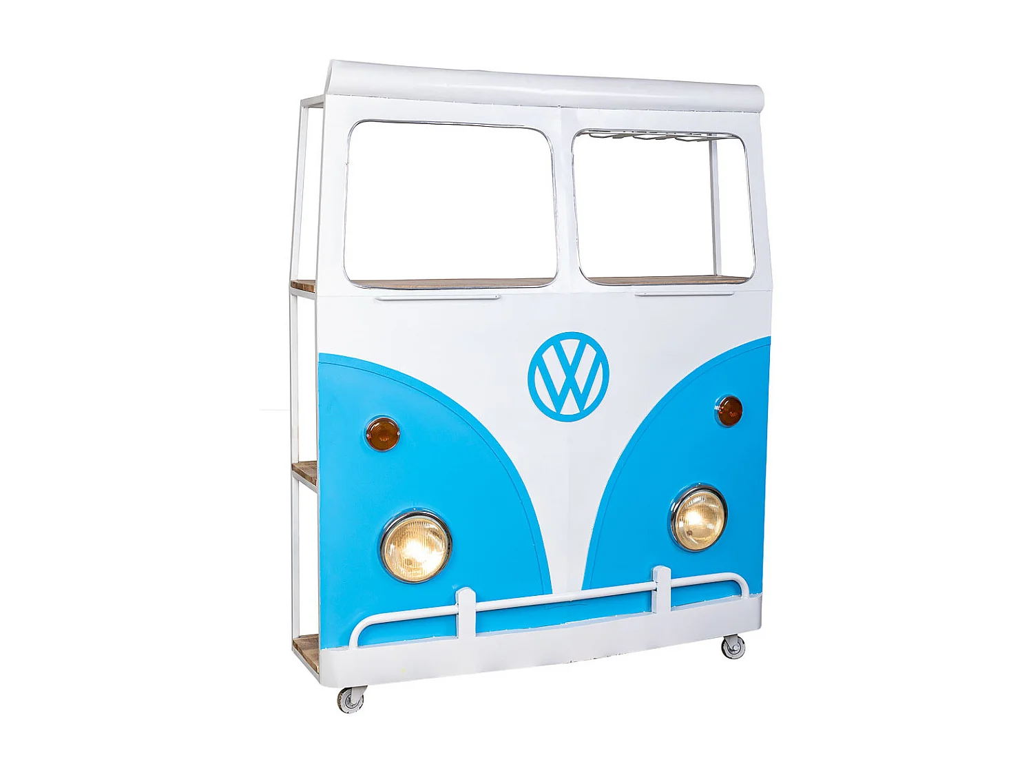 Porta-garrafas de metal e madeira azul van 135x40x178