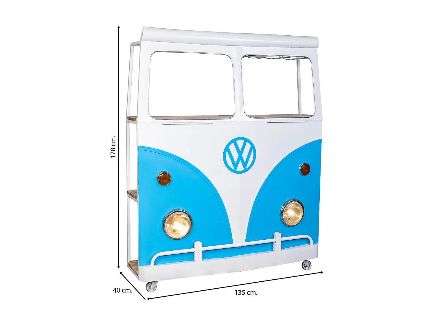 Porta-garrafas de metal e madeira azul van 135x40x178