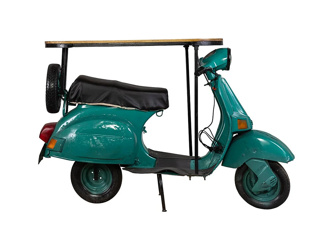 Barre porte-bouteilles moto vespa en métal et bois bleu 185x66x115h
