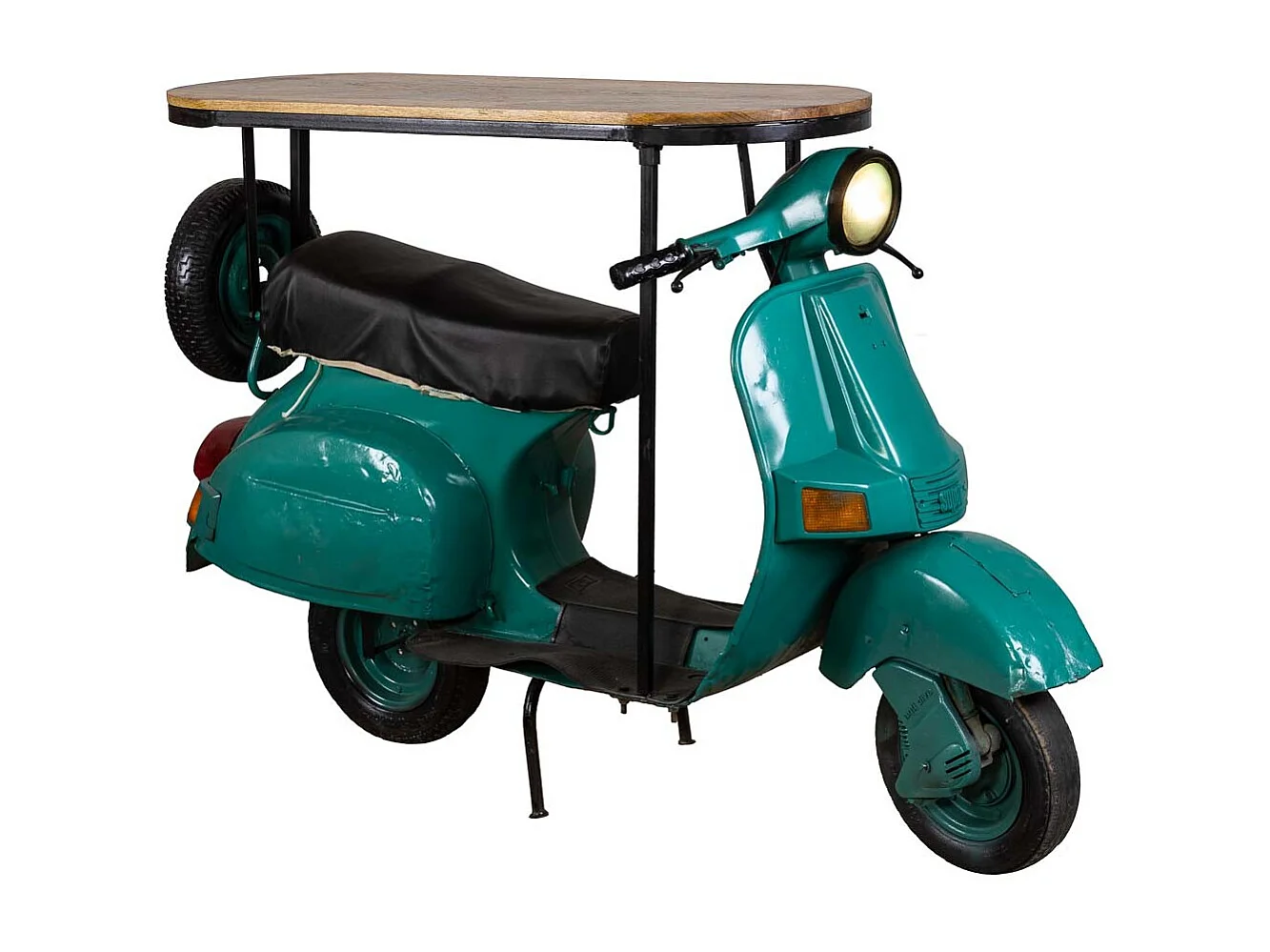 Barre porte-bouteilles moto vespa en métal et bois bleu 185x66x115h