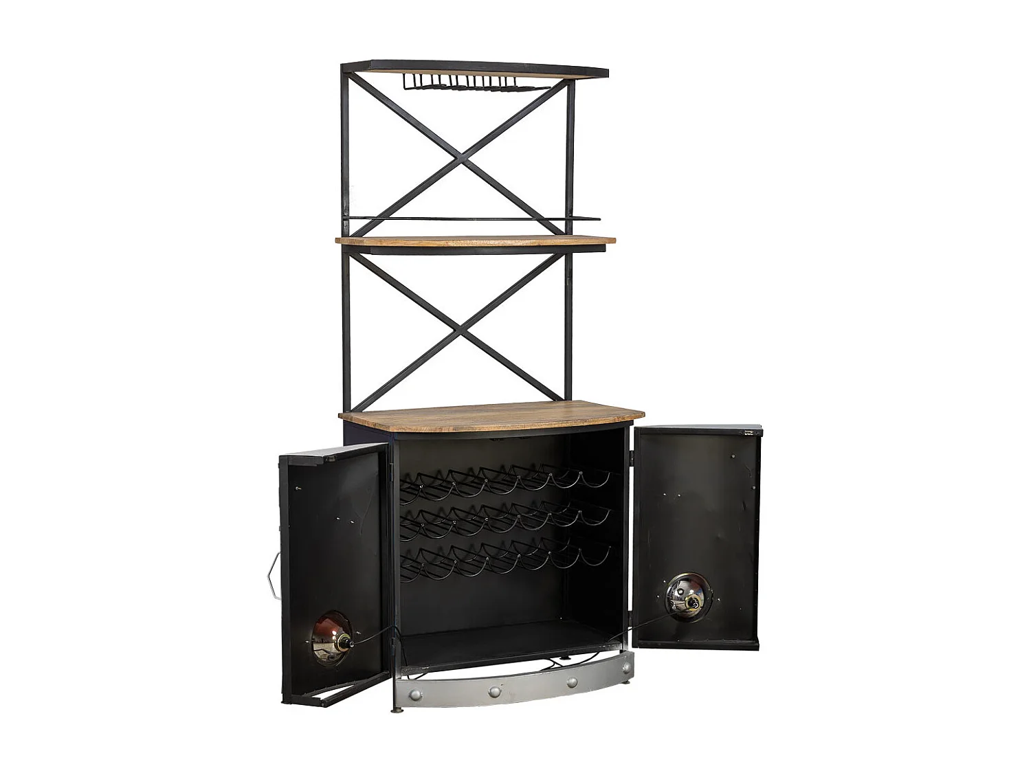 Van-Flaschenregal aus Holz und blauem Metall, 75 x 60 x 180 cm