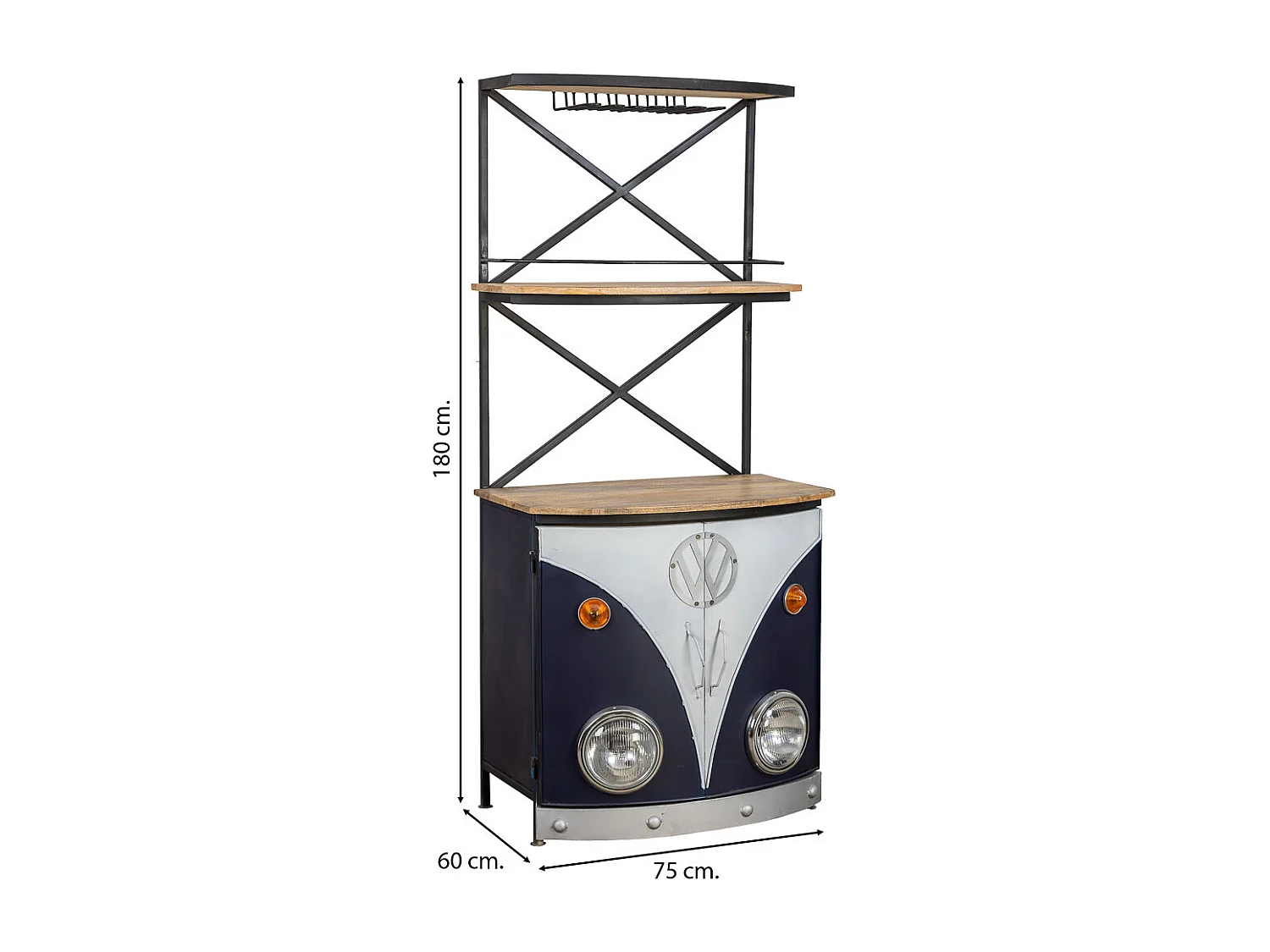 Van-Flaschenregal aus Holz und blauem Metall, 75 x 60 x 180 cm
