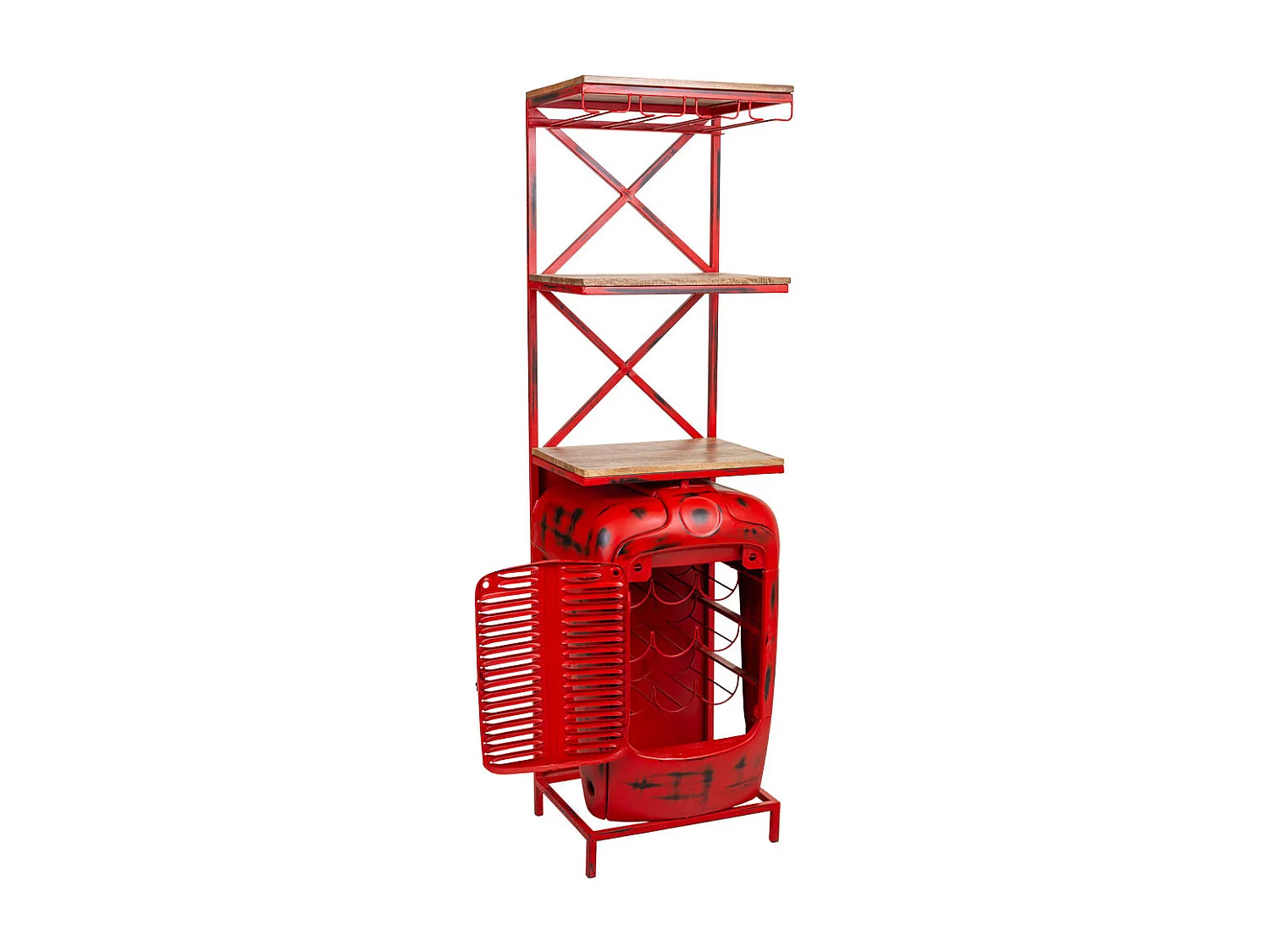 Traktor-Weinregal aus Holz und rotem Metall 84x40x185h cm
