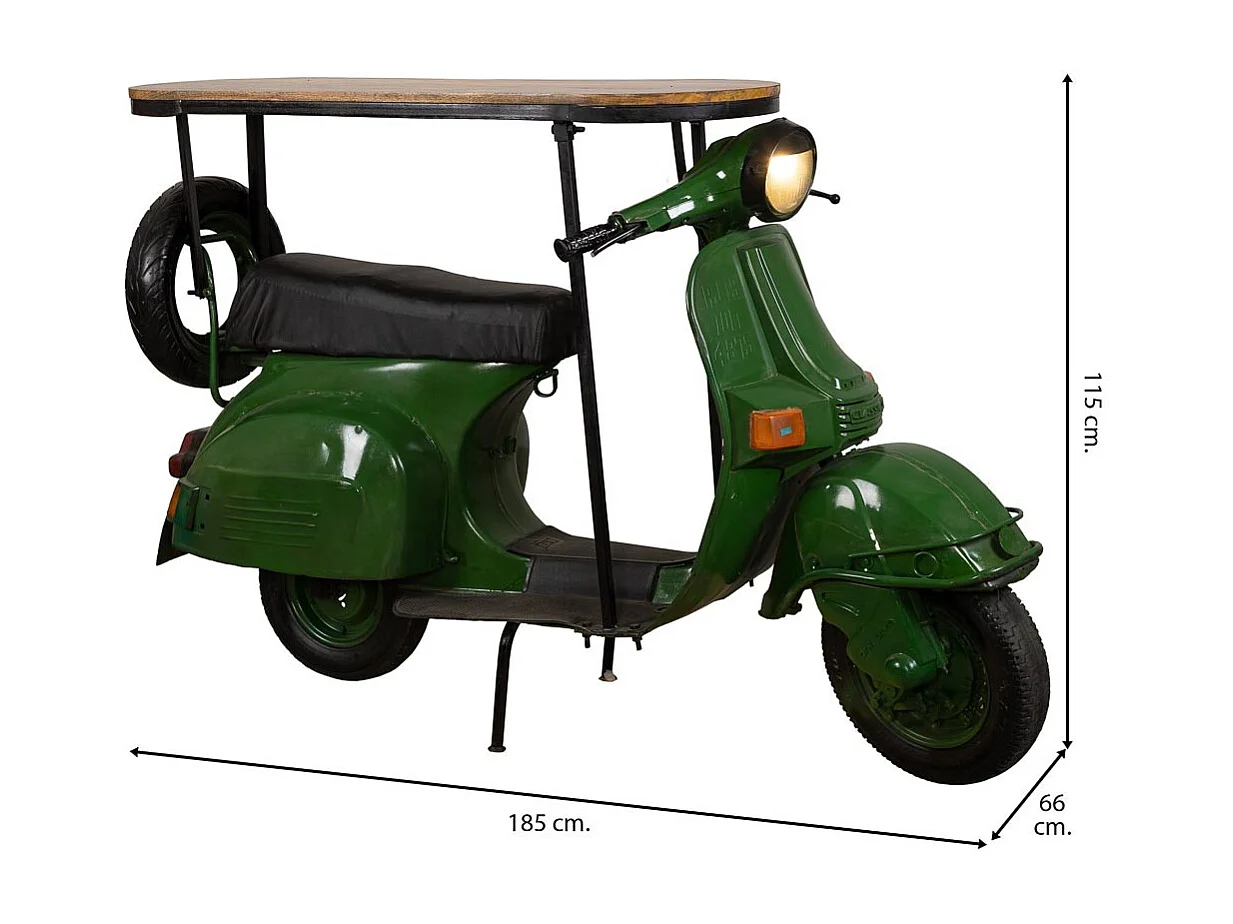Bar porte-bouteilles moto vespa en métal et bois vert 185x66x115h