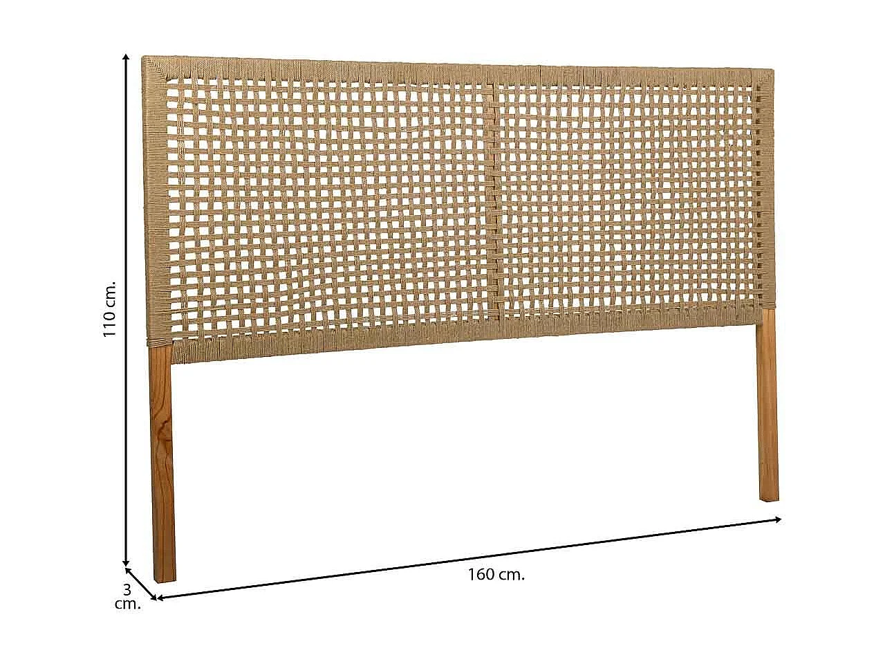 Bettkopfteil aus Holz und braunes geflochtenes Seil 160x3x110h cm