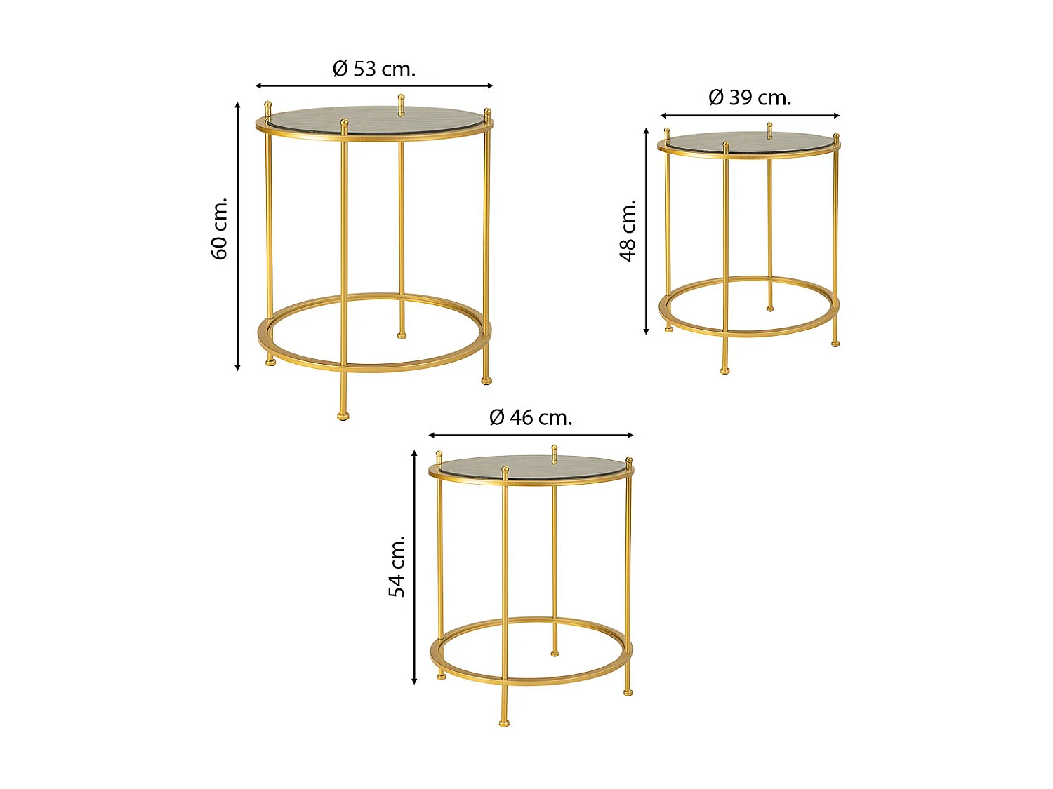 Conjunto de 3 mesas de centro em metal dourado