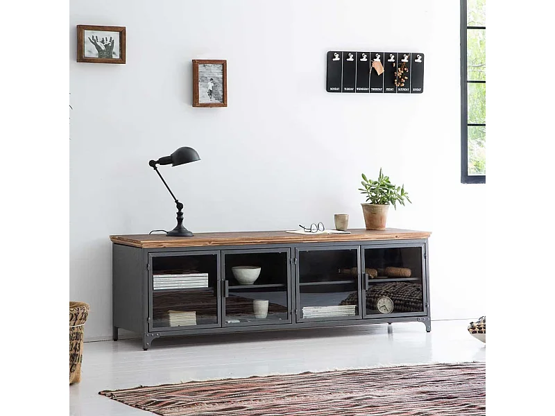 Mobile base in metallo nero e legno 161x41x50,5h cm