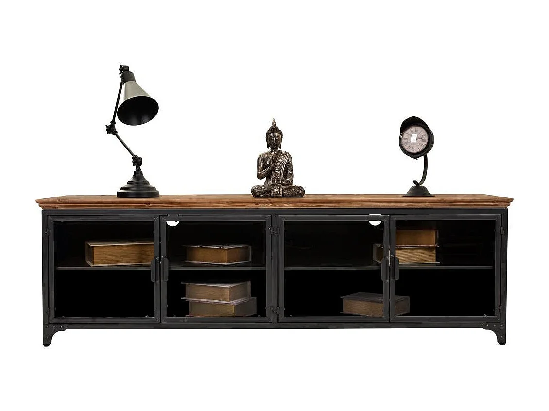 Armário baixo de metal e madeira preto 161x41x50,5h cm