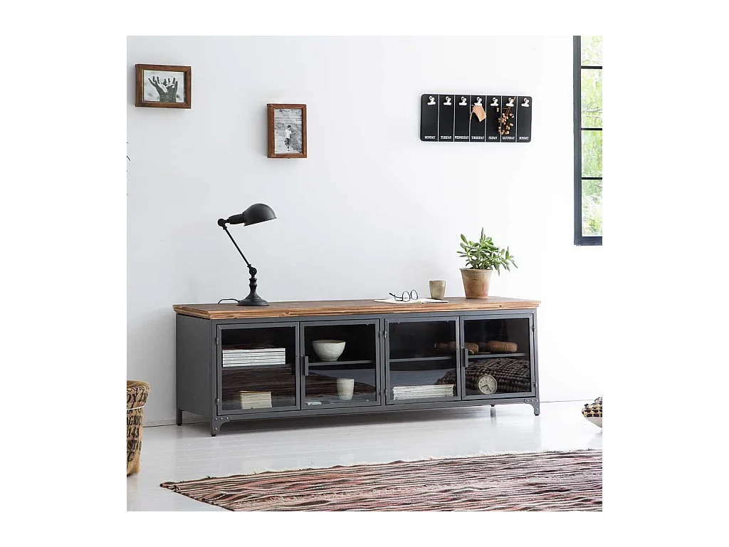 Niedriger Schrank aus schwarzem Metall und Holz, 161x41x50,5H cm