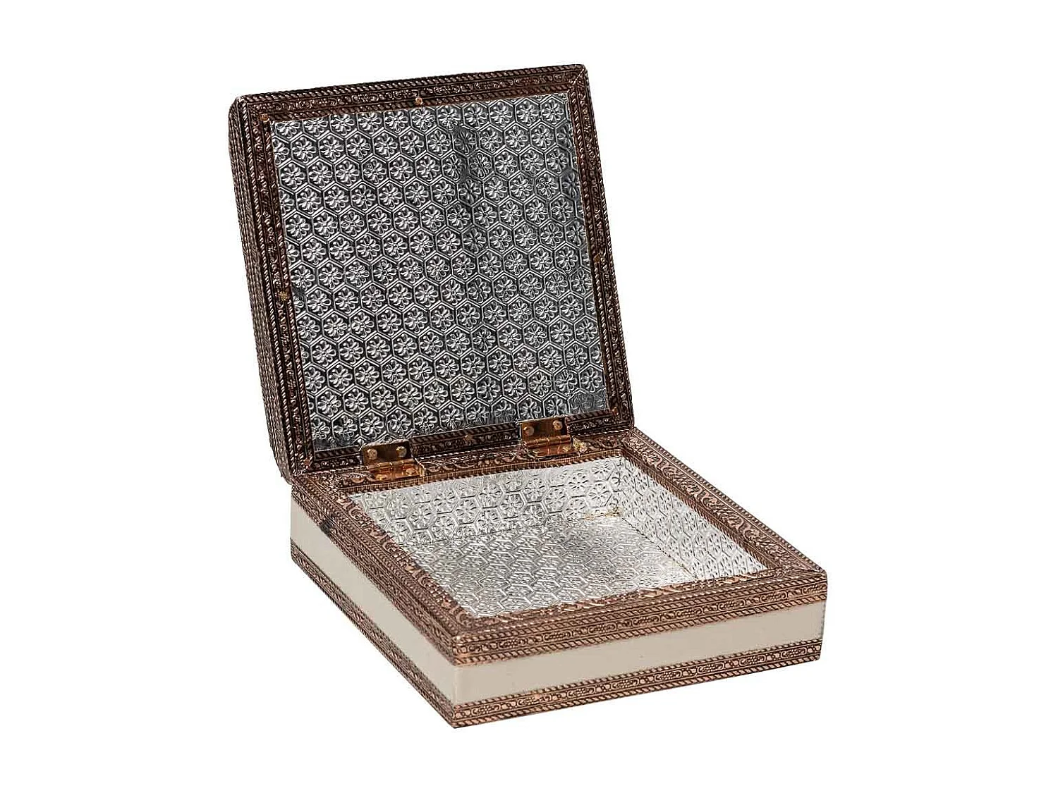 Boîte à bijoux en métal repoussé couleur cuivre 15x15x5h
