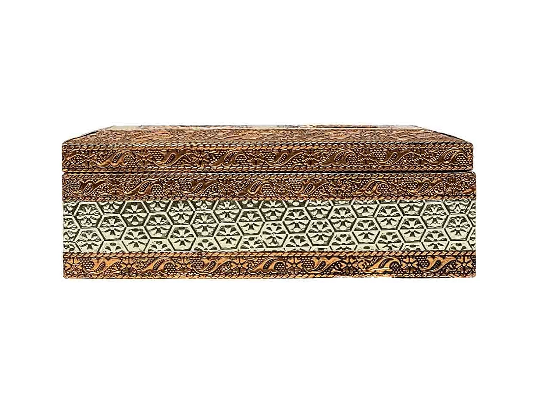 Boîte à bijoux en métal repoussé couleur cuivre 17,5x12,5x6h