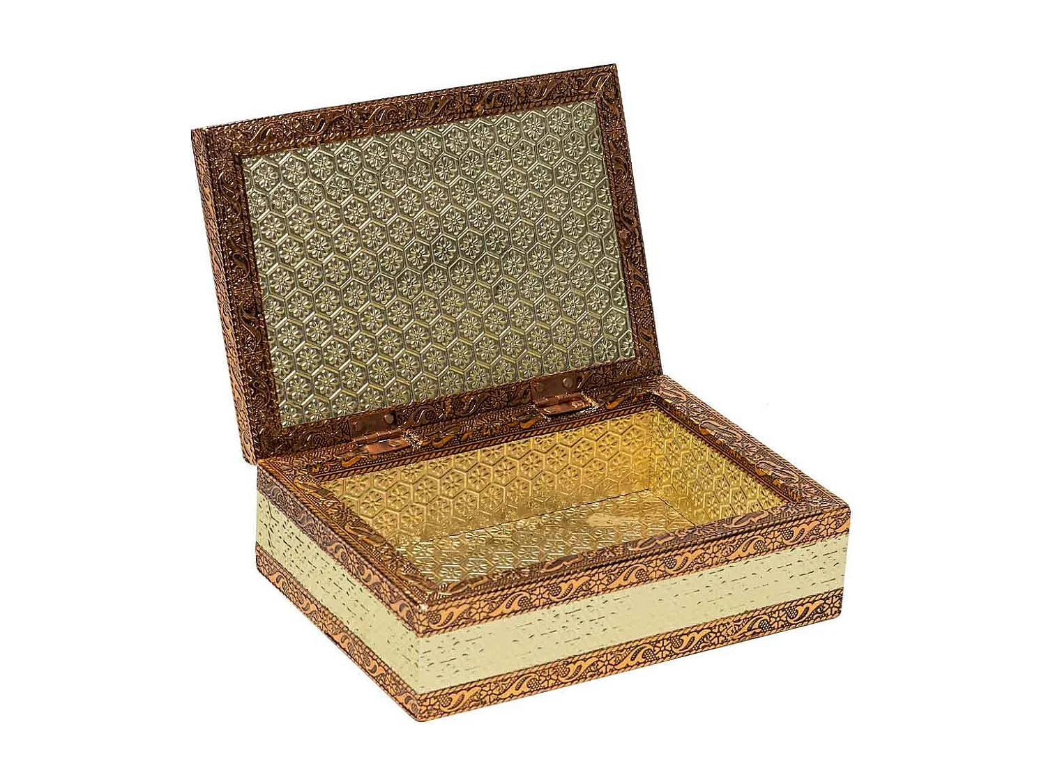 Joyero de metal repujado color cobre 17,5x12,5x6