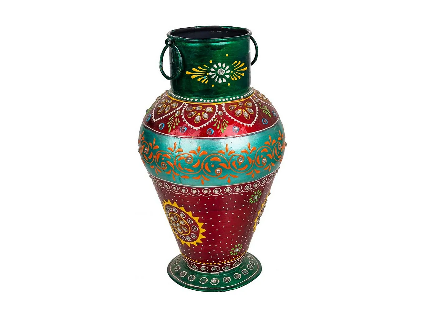 Handgefertigte grün/rot lackierte Metallvase 16x16x30 h cm