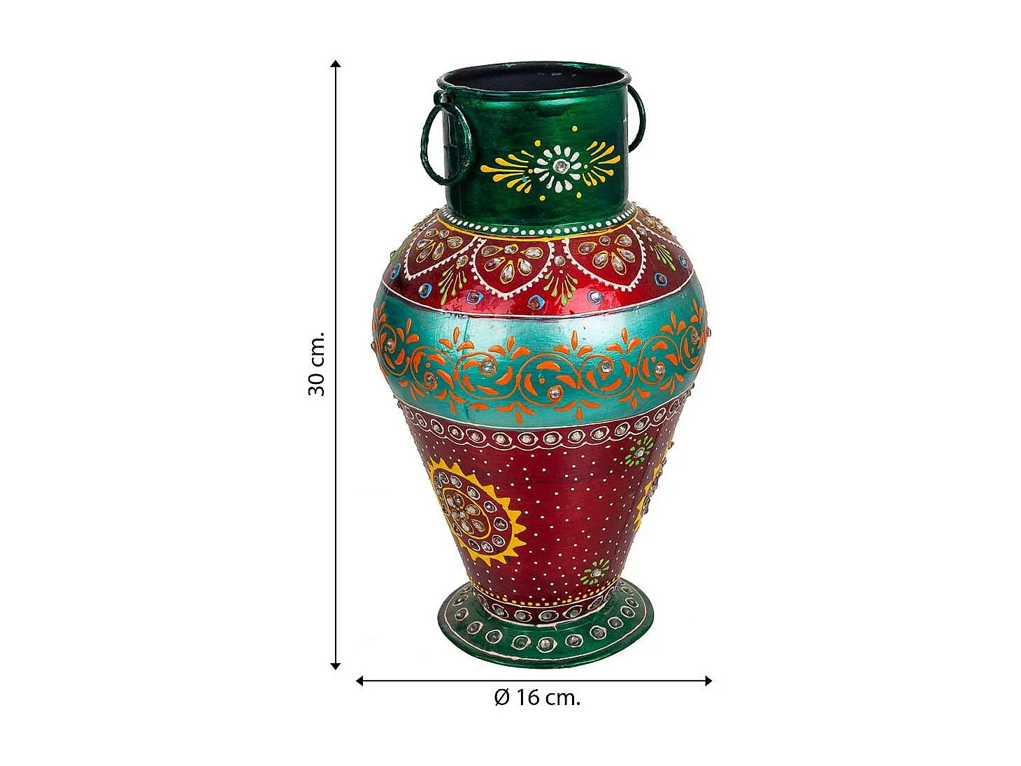 Handgefertigte grün/rot lackierte Metallvase 16x16x30 h cm