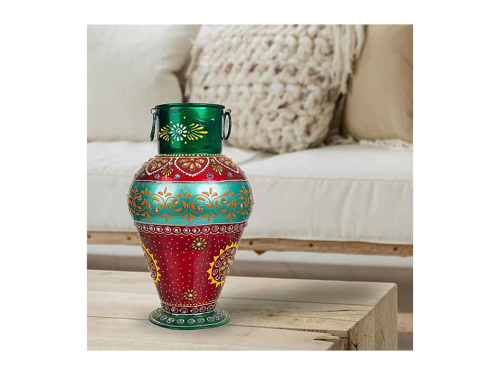Vase en métal peint artisanalement vert/rouge 16x16x30h