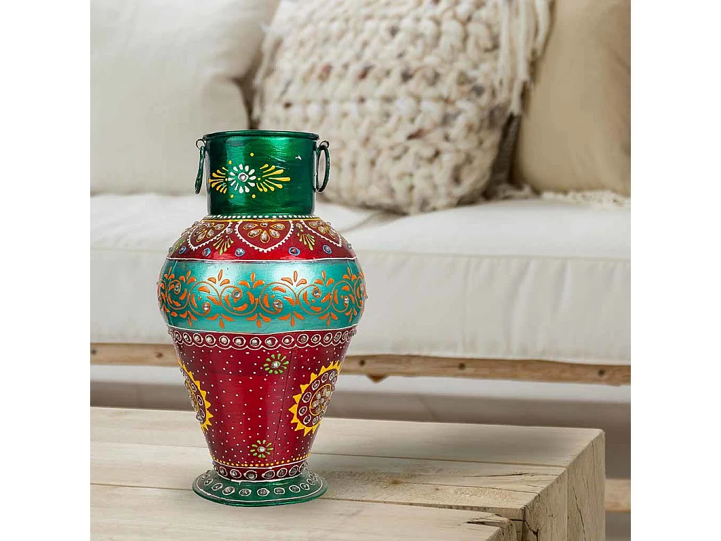 Vaso realizzato a mano in metallo verniciato verde/rosso 16x16x30 h