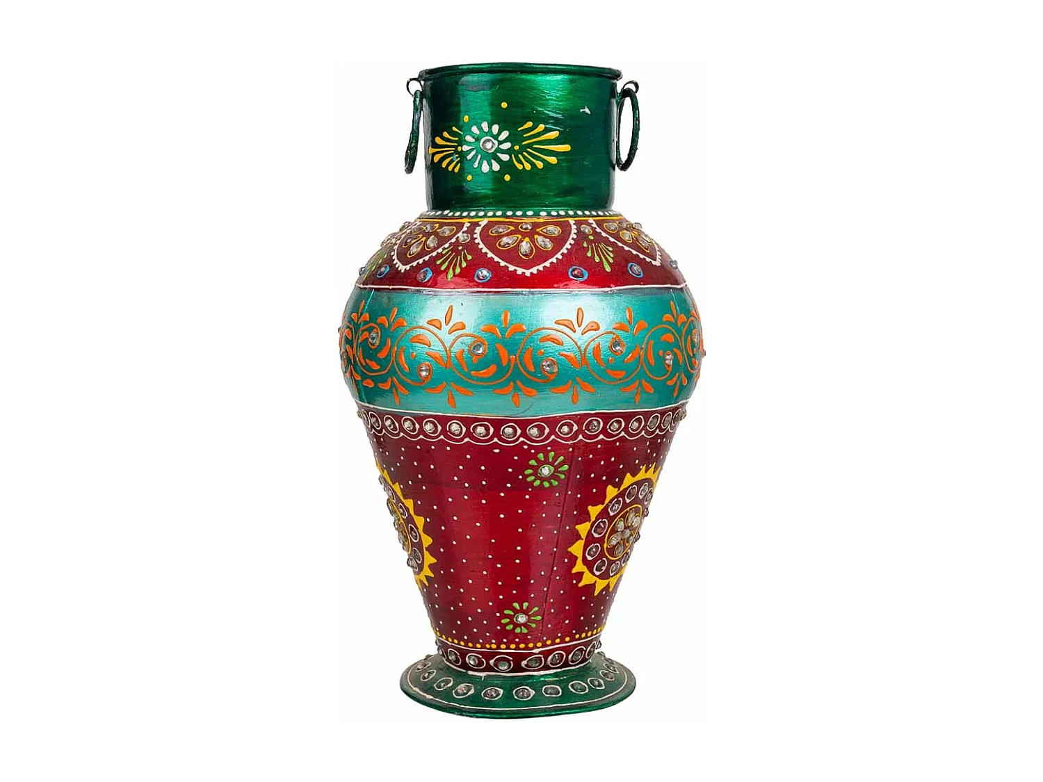 Vaso realizzato a mano in metallo verniciato verde/rosso 16x16x30 h