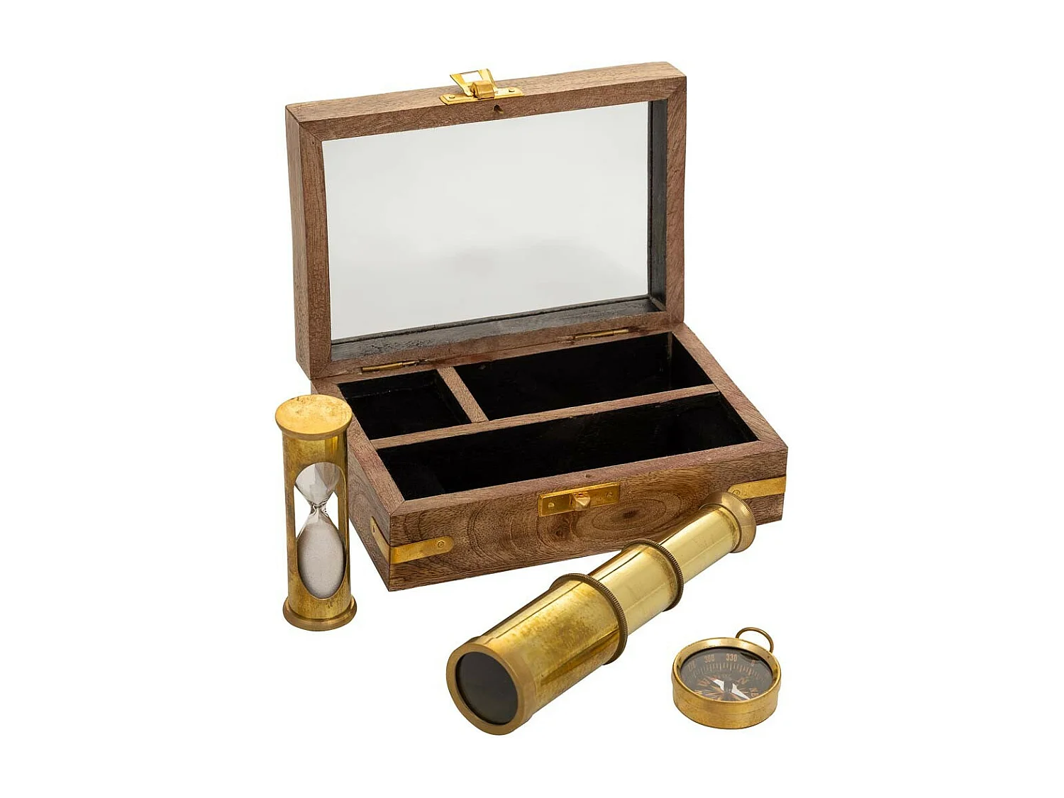 Conjunto bússola, telescópio e ampulheta 15x10x5