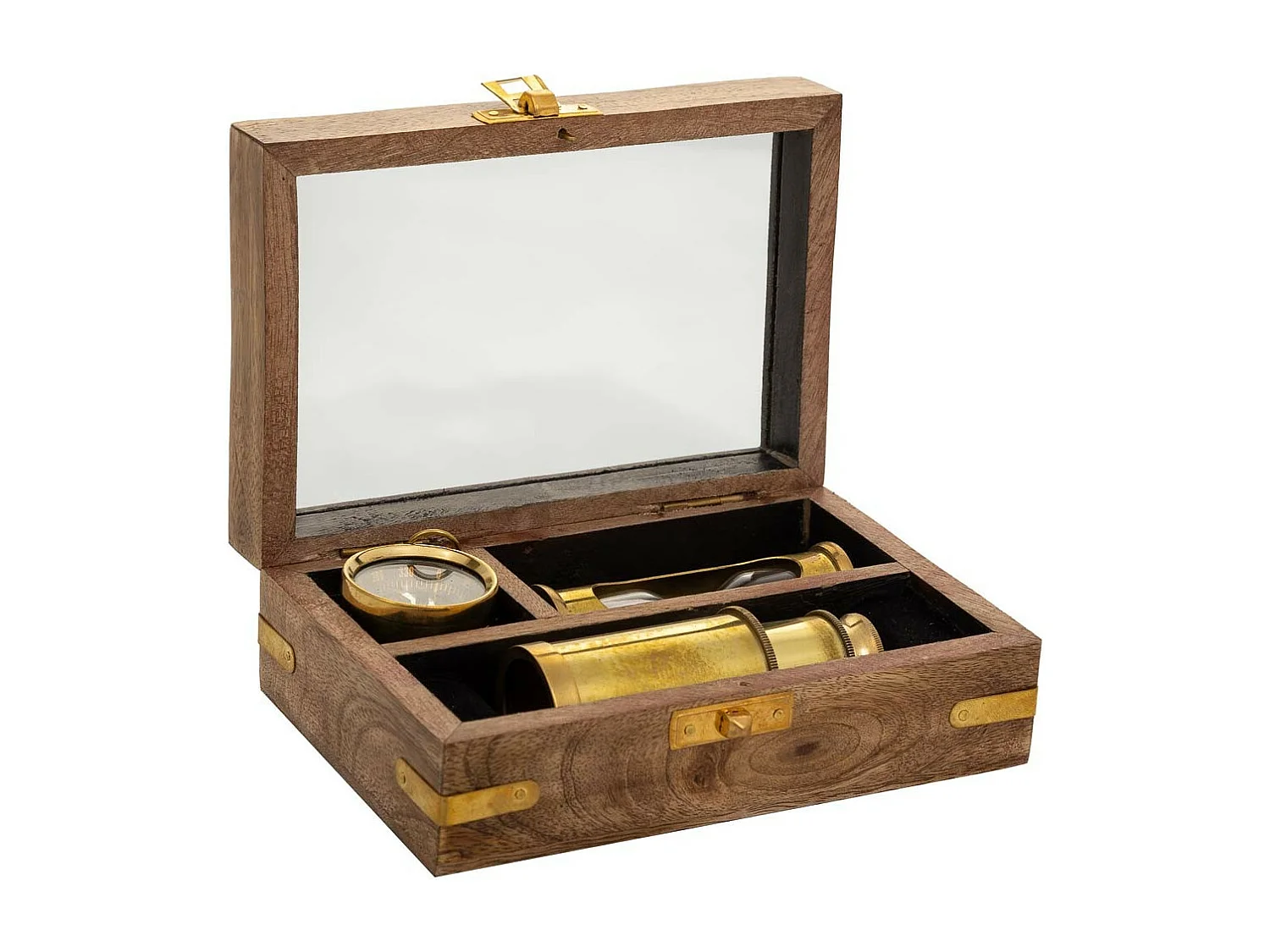 Conjunto bússola, telescópio e ampulheta 15x10x5