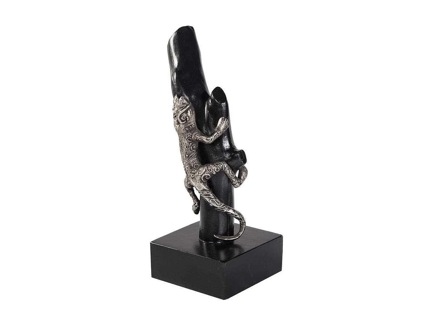 Figura de lagarto em madeira e alumínio com suporte 13x17,5x32,5
