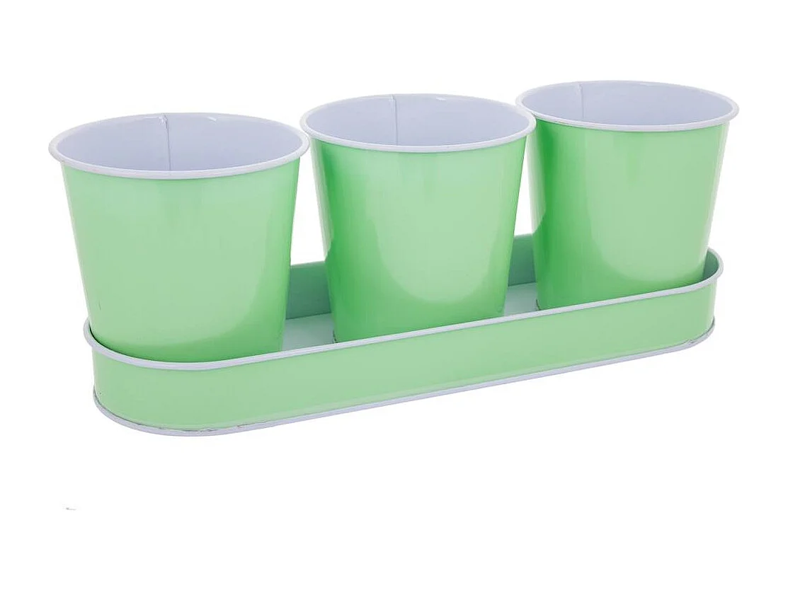 Tablett und 3 grüne Metalleimer