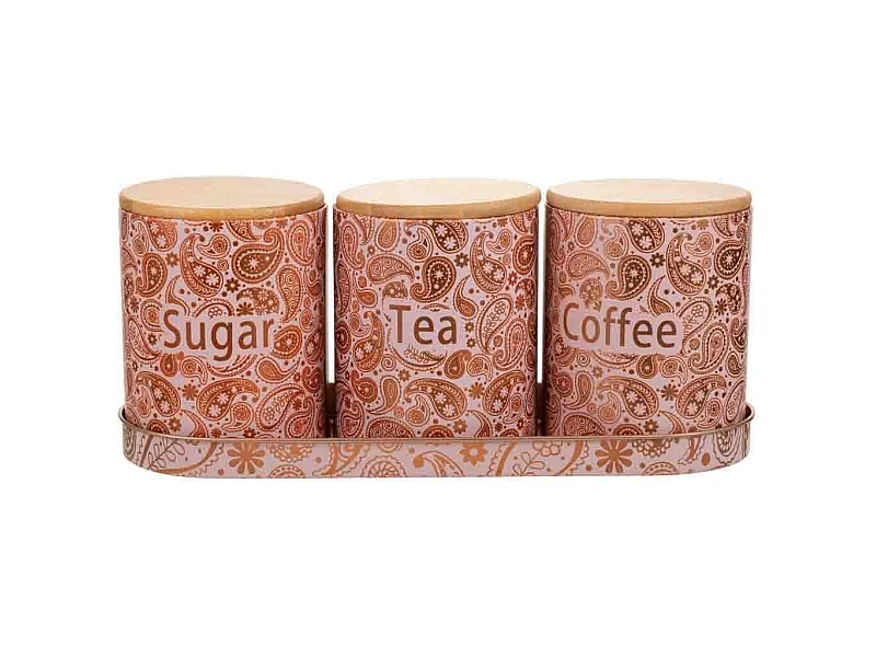 Vassoio e 3 barattoli in metallo rosa