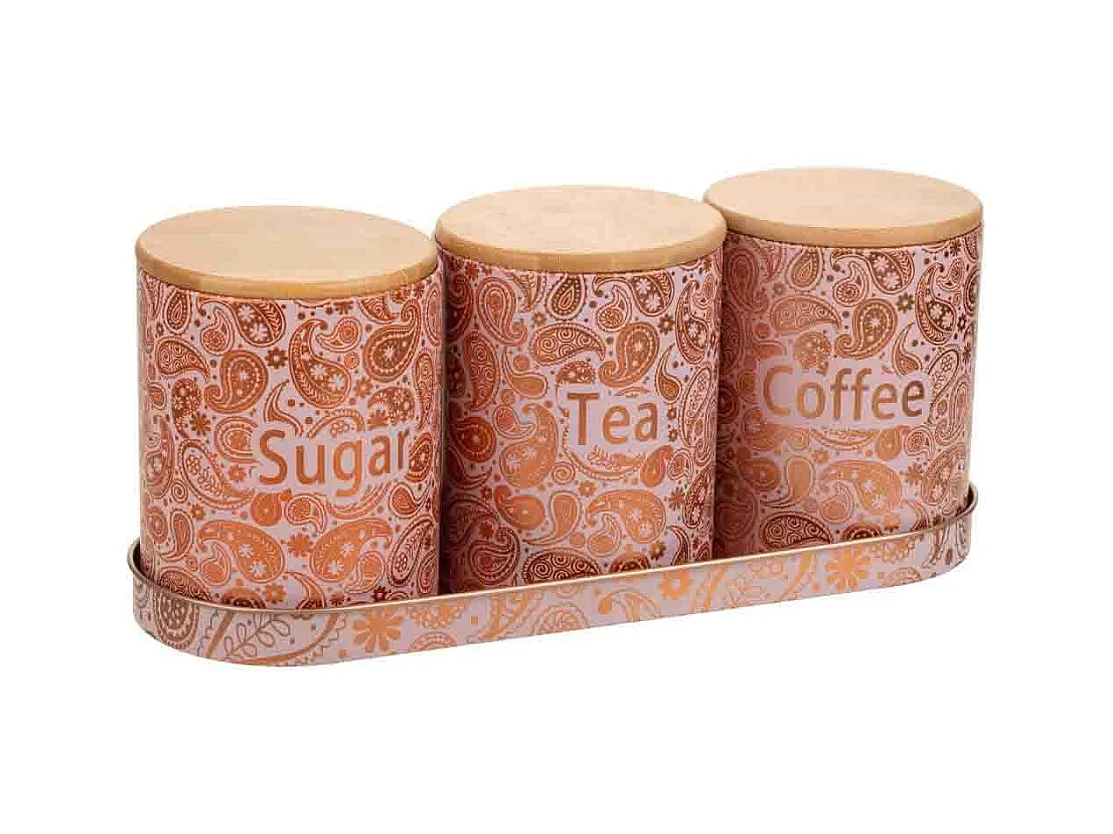 Vassoio e 3 barattoli in metallo rosa