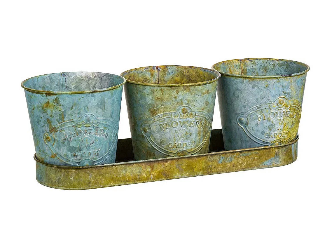 3 cubos de metal verde e bandeja