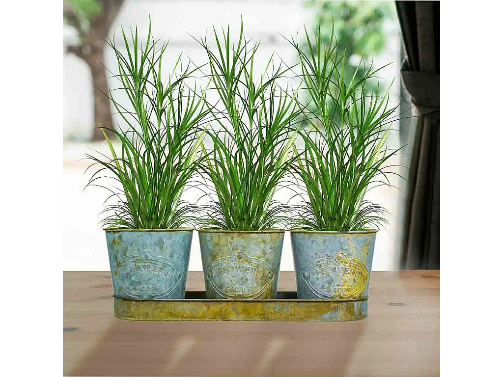 3 cubos de metal verde e bandeja