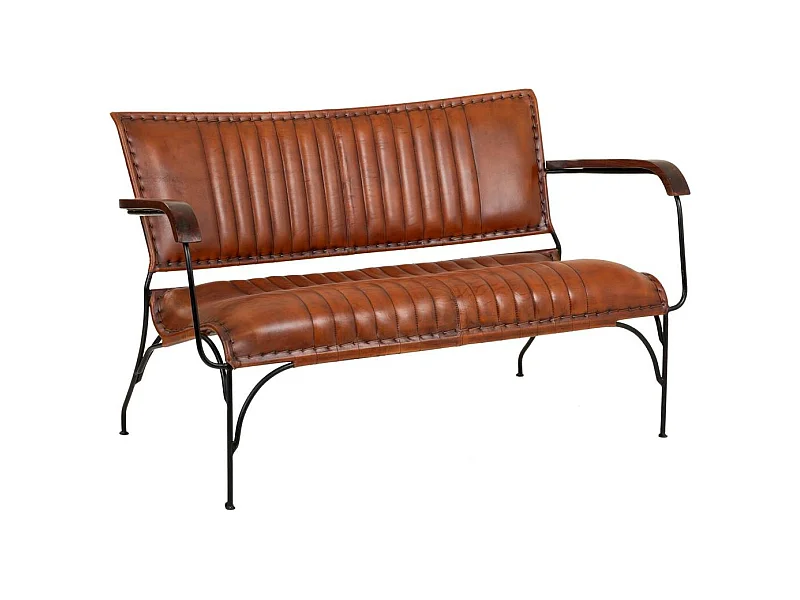 Bank aus Metall und braunem Leder, 127 x 71 x 76 h cm