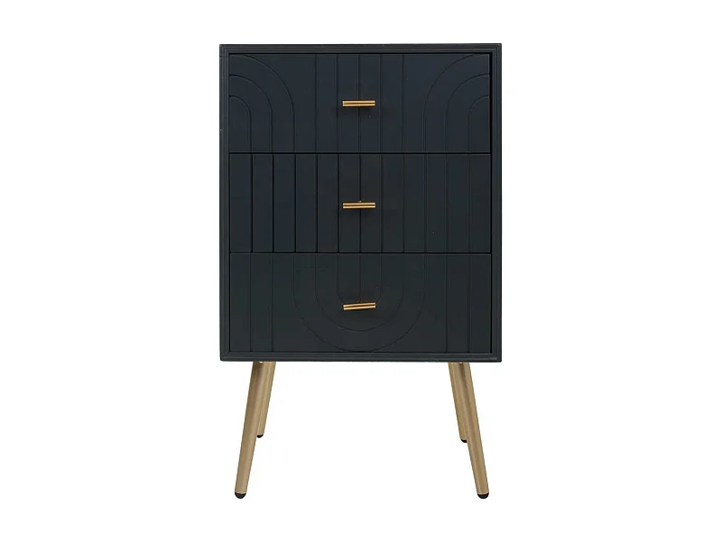 Comodino in legno e metallo con 3 cassetti, dimensioni 44x35x76 cm.