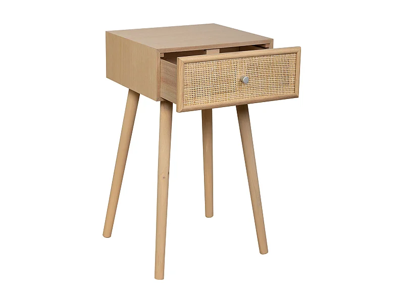 Mesita de madera y rejilla de rattán de 1 cajon marrón 40x36x70h cm