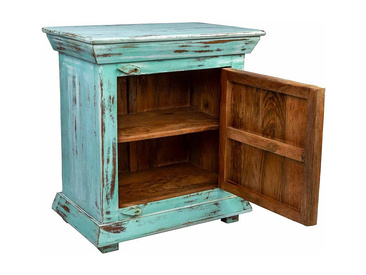 Table de chevet, bois + métal, avec finition artisanale verte 55x35x60