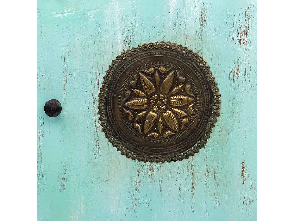 Mesinha de madeira e metal, acabamento artesanal verde, 55x35x60h cm