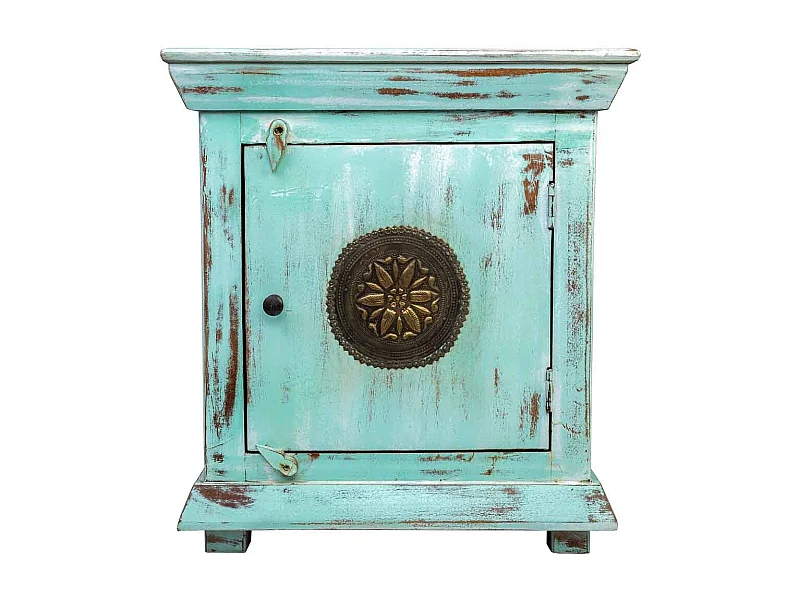 Mesita de madera y metal acabado artesanal envejecido verde 55x35x60