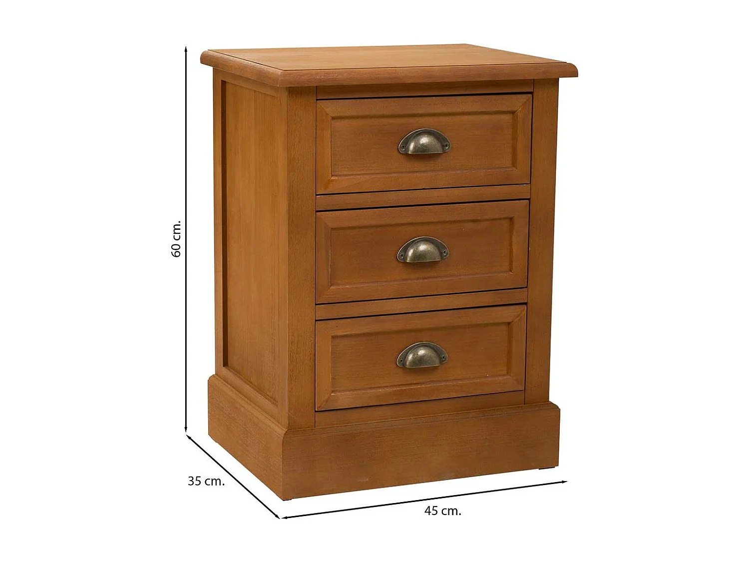 Mesa de cabeceira de madeira com 3 gavetas castanha 45x35x60