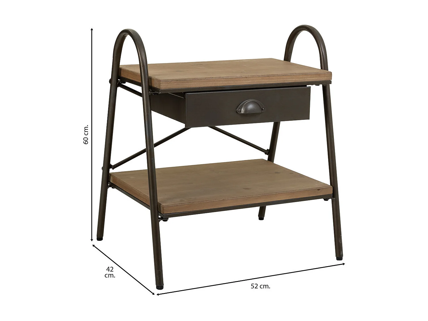 Nachttisch aus braunem Holz und Metall, 52x42x60H cm