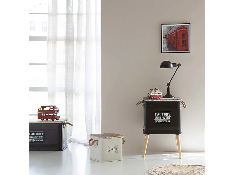 Tavolino da caffè stampato nero, metallo, legno e corda, 41x41x37/61